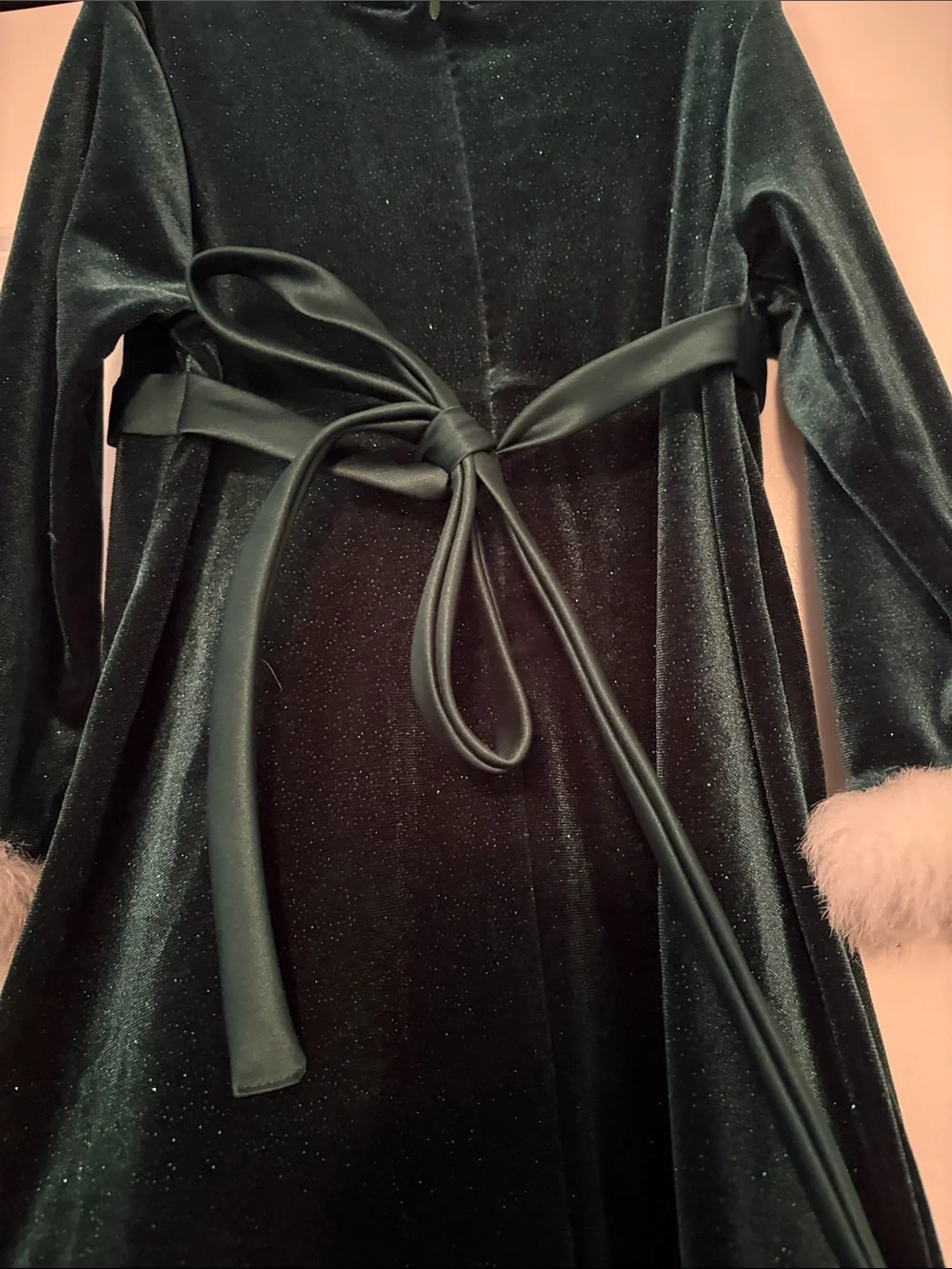 Girls Emerald Green Velvet Holiday Dress with Faux Fur Trim